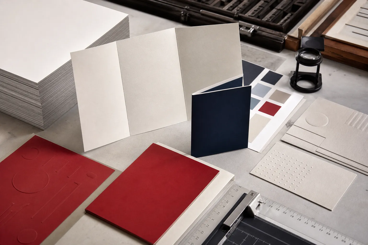 Maquettes imprimées et échantillons de papiers dans un atelier graphique