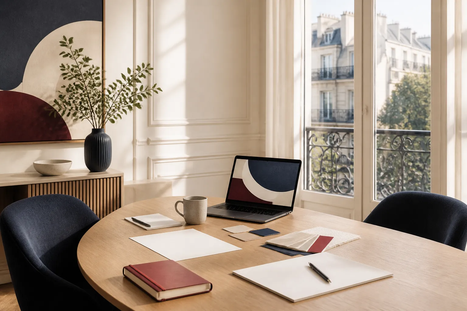 Table préparée pour un rendez-vous de communication et de création à Paris