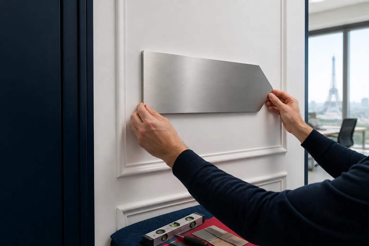 Pose et alignement d’une plaque de signalétique intérieure en métal