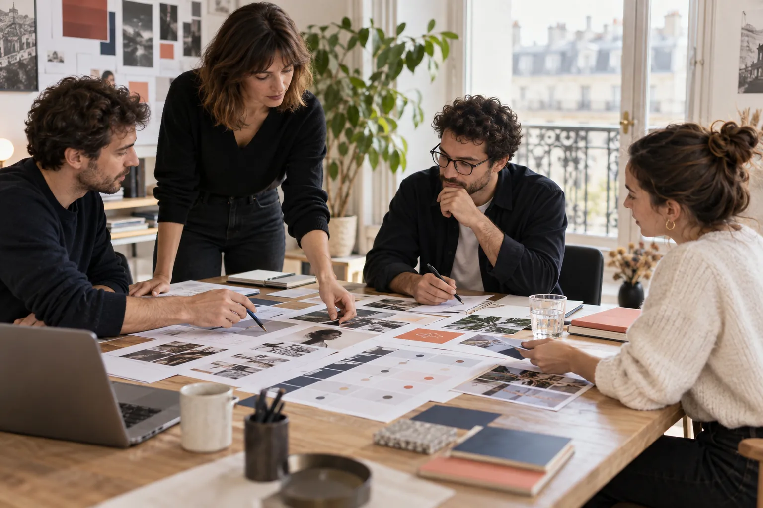 Illustration : équipe examinant des références visuelles et une grille de décision autour d’une table de travail