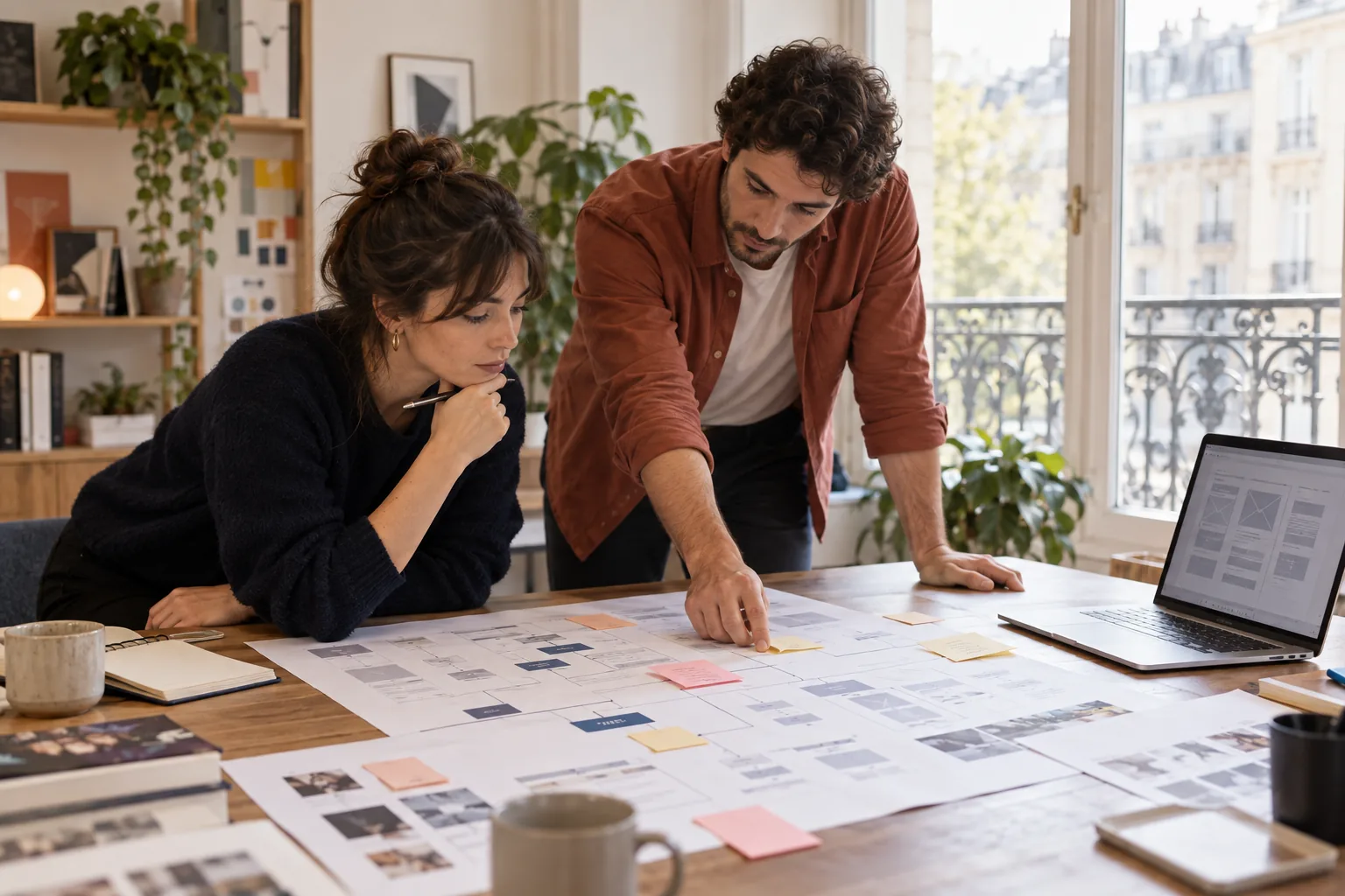 Équipe organisant une arborescence de site sur des plans imprimés dans un atelier parisien