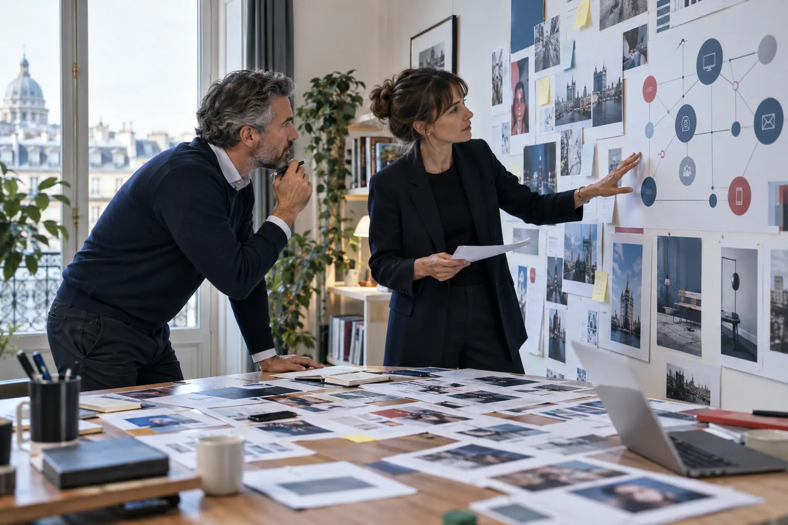 Consultants analysant les supports et les canaux d’une marque pendant un audit de communication
