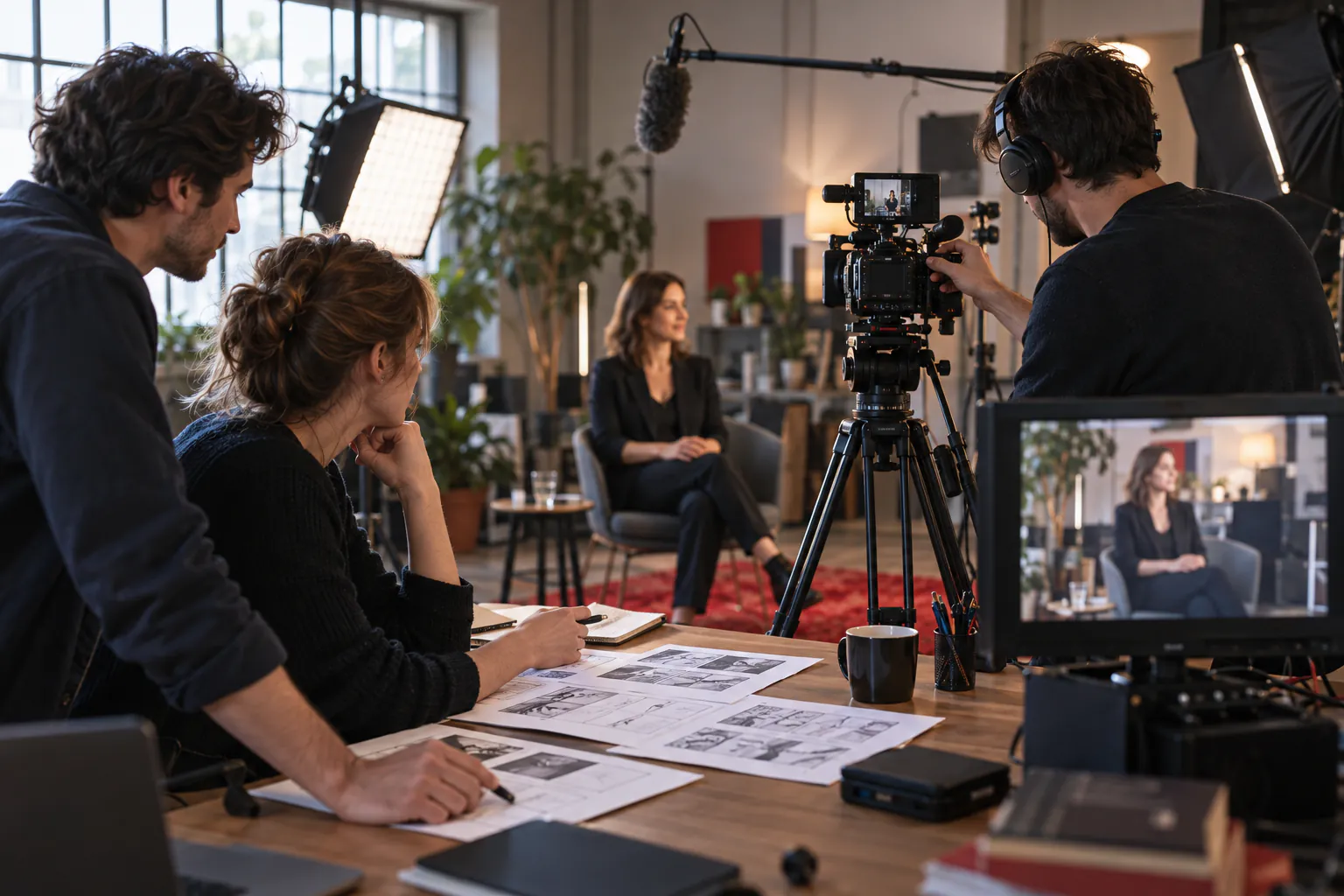 Équipe préparant le tournage d’une interview dans un studio vidéo