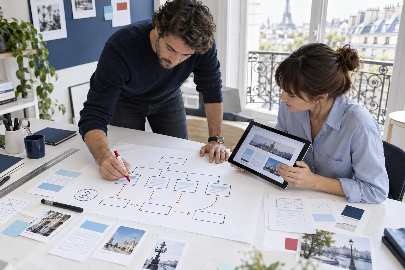 Équipe web préparant l’arborescence et le parcours utilisateur d’un futur site Internet