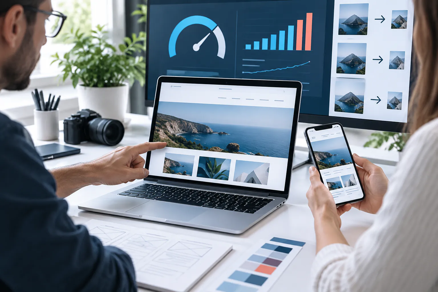Équipe contrôlant la vitesse, les images et l’affichage responsive d’un site