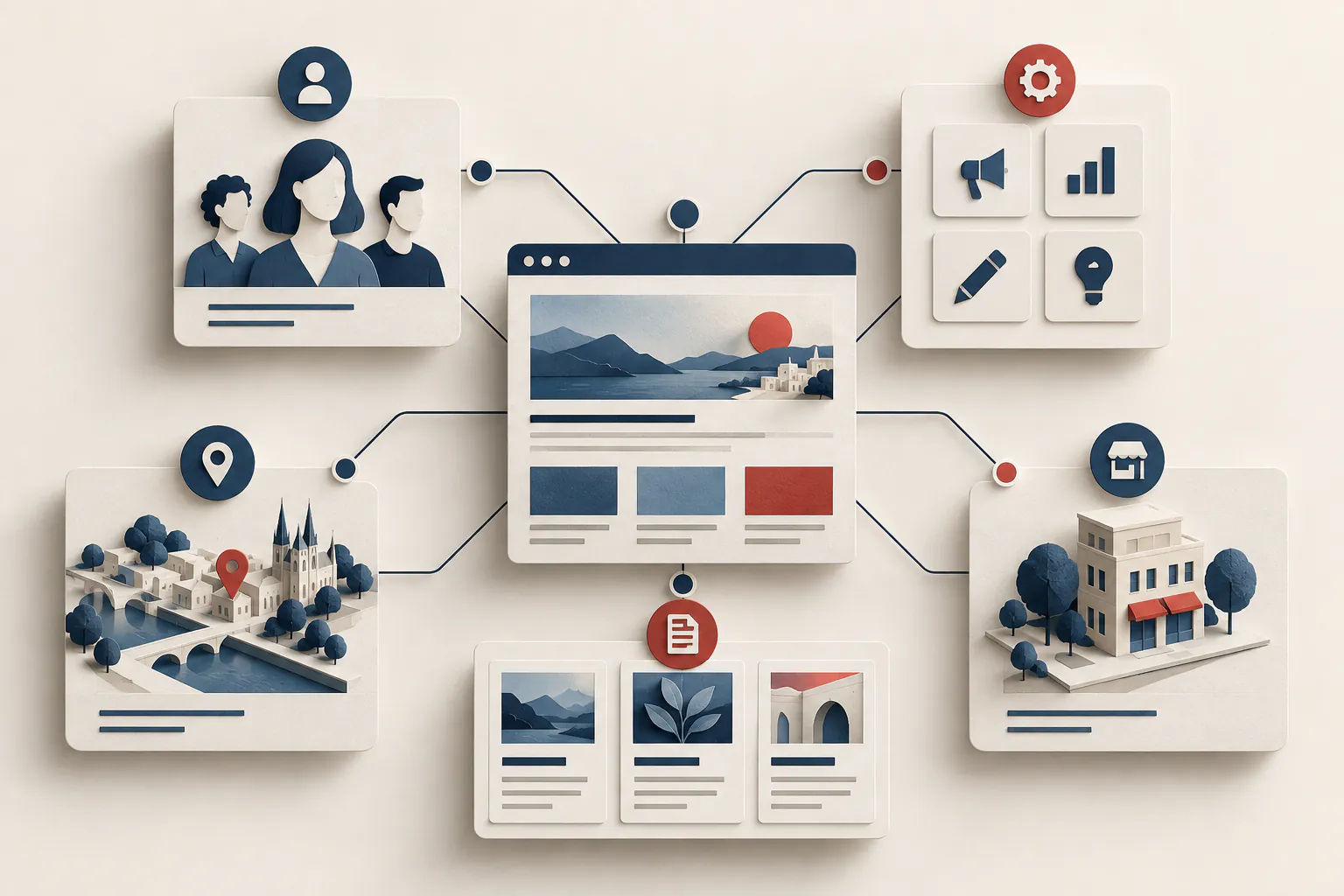 Illustration éditoriale d’un site relié à des entités, services, lieux et contenus