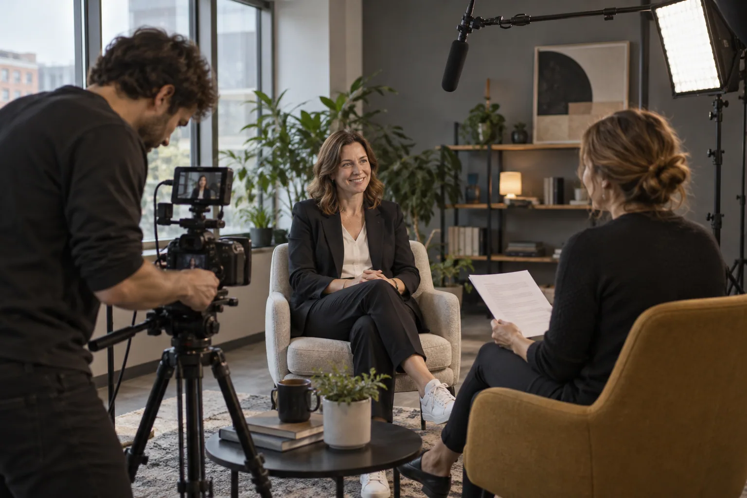 Illustration : équipe préparant le tournage d’une interview dans un bureau