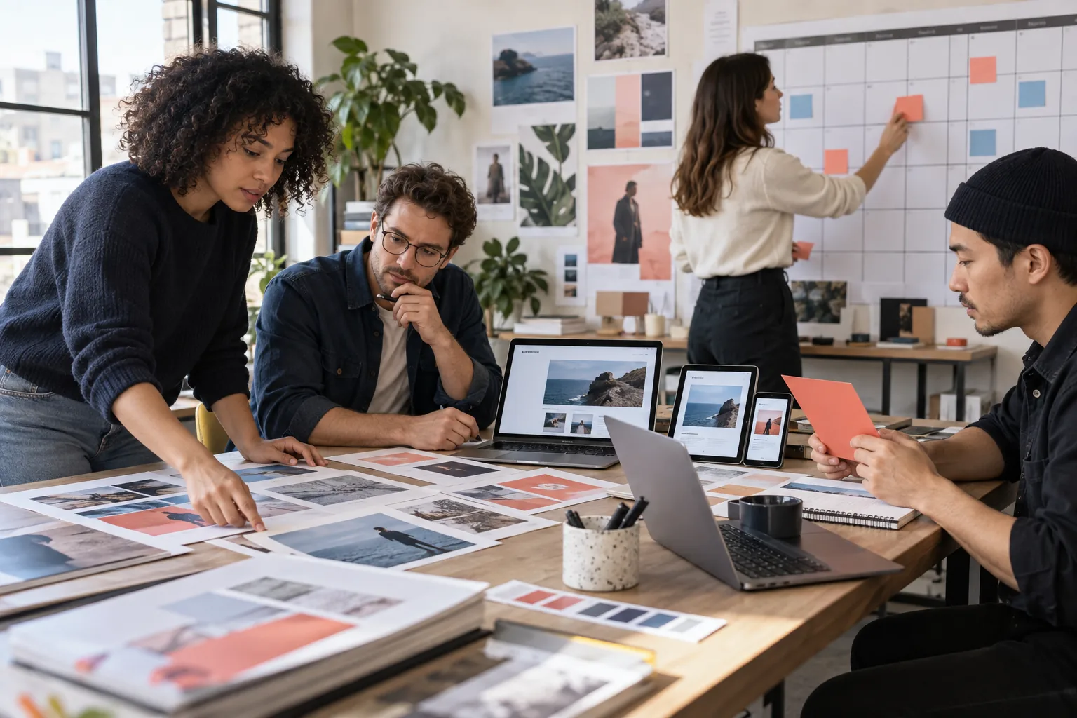 Illustration : équipe coordonnant des visuels imprimés, des écrans et un calendrier de campagne