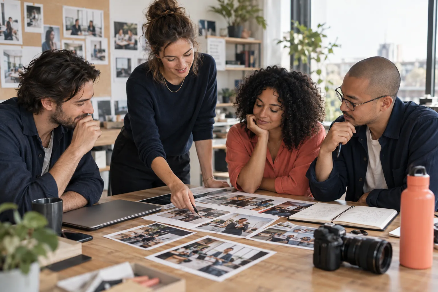 Illustration : équipe examinant des photographies de travail et des notes d’entretien pour présenter ses métiers