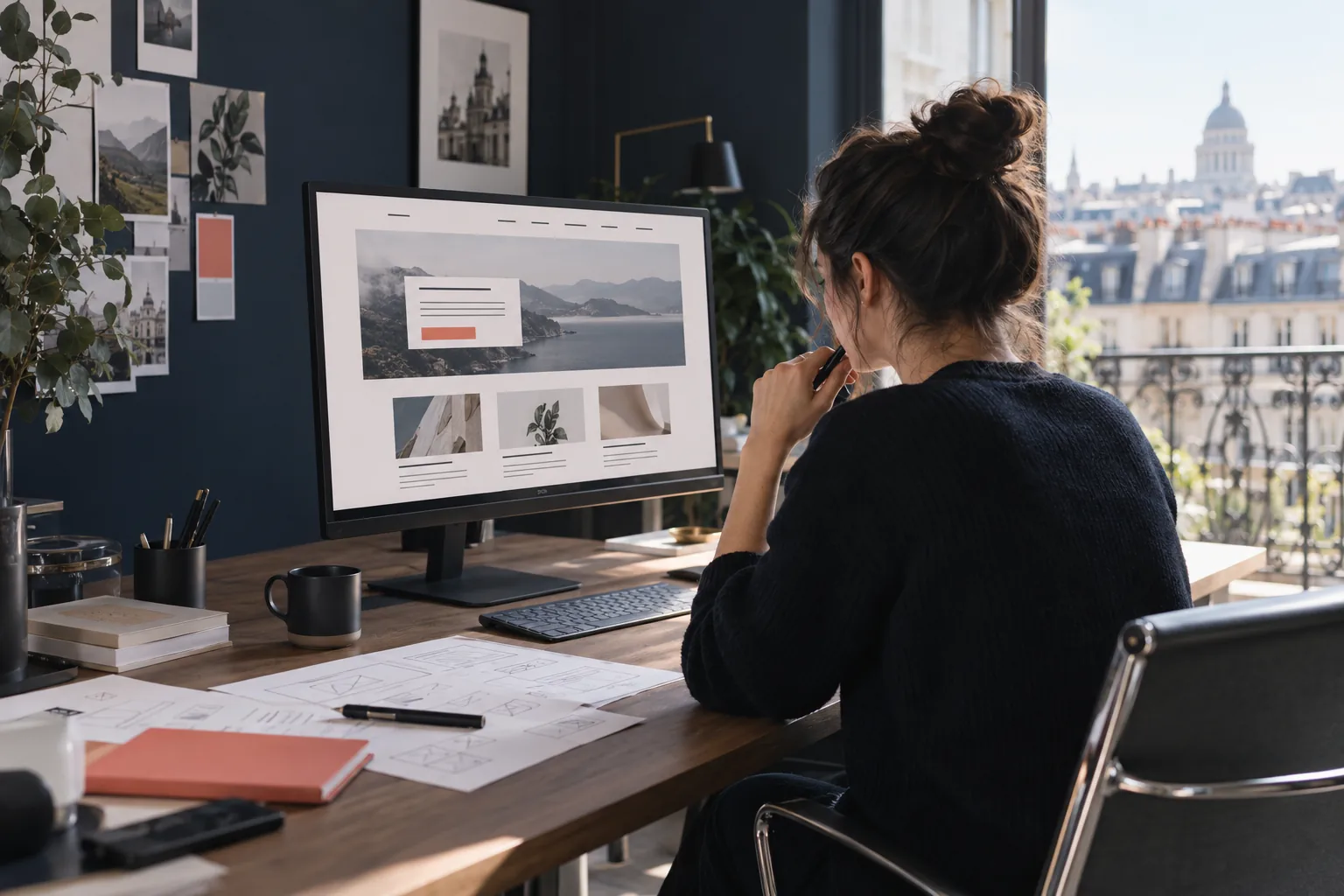 Illustration : designer examinant la structure d’une page web et des maquettes de contenu sur son bureau