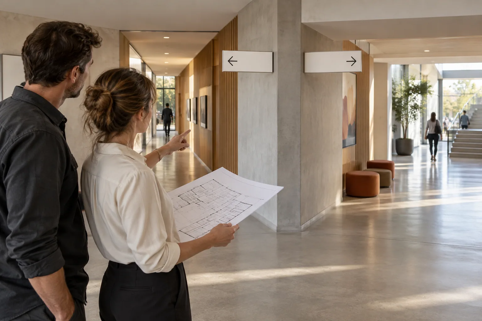Illustration : observation d’un embranchement dans un bâtiment pour préparer la signalétique