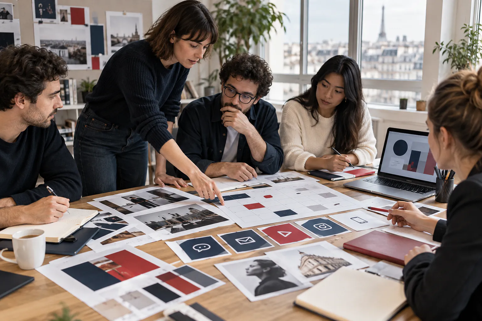 Équipe préparant un plan de communication multicanal dans un studio parisien