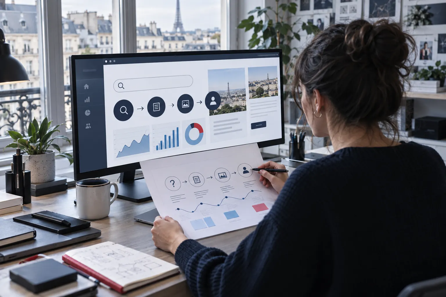 Stratège analysant le parcours entre recherche, contenu utile et prise de contact