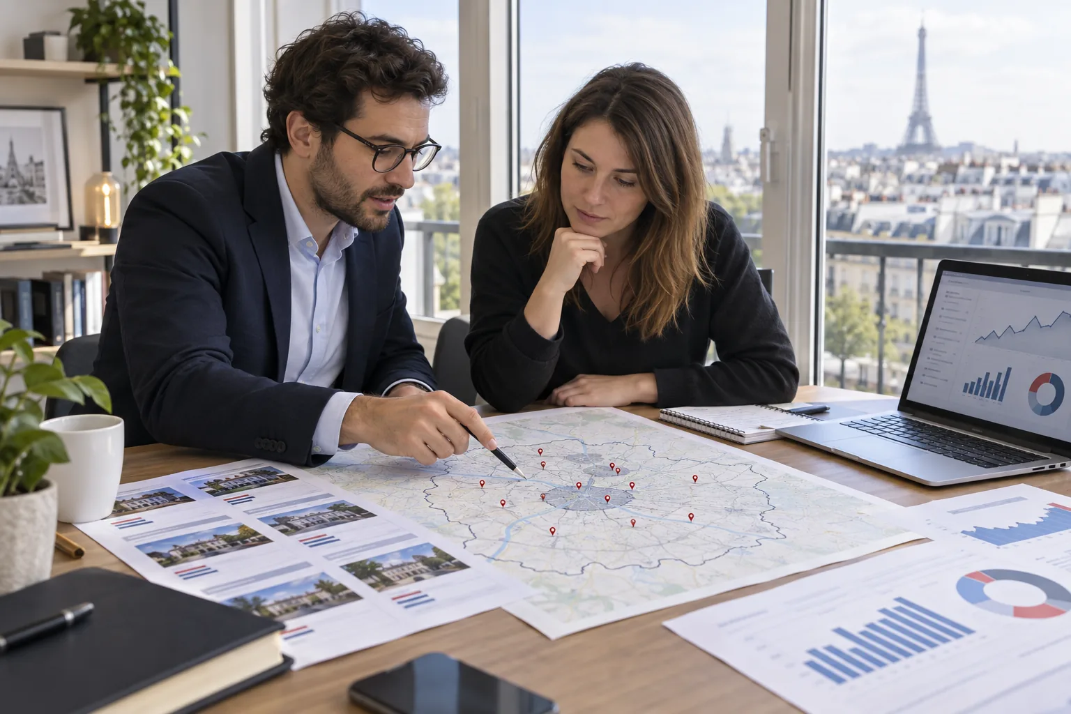 Consultante et responsable d’entreprise préparant des zones de service et pages locales en Île-de-France