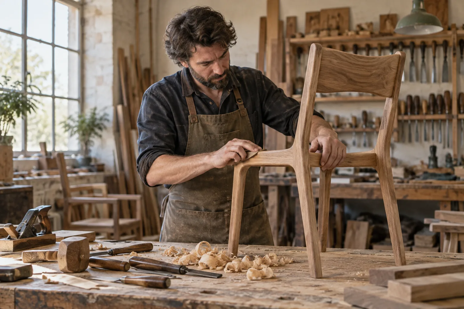 Artisan travaillant le bois dans son atelier pour illustrer les métiers d’art