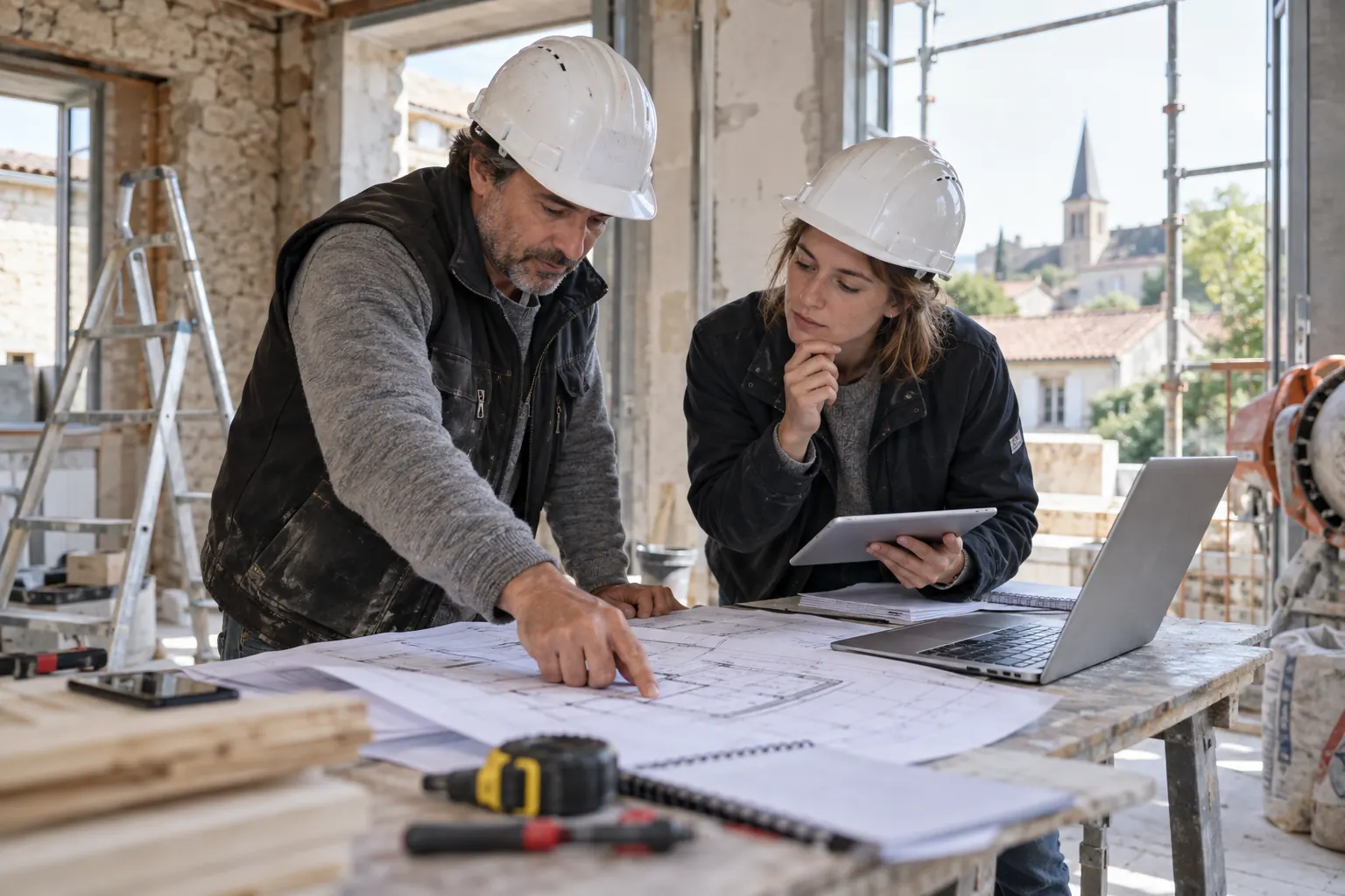 Illustration : équipe du bâtiment préparant un projet de rénovation sur chantier