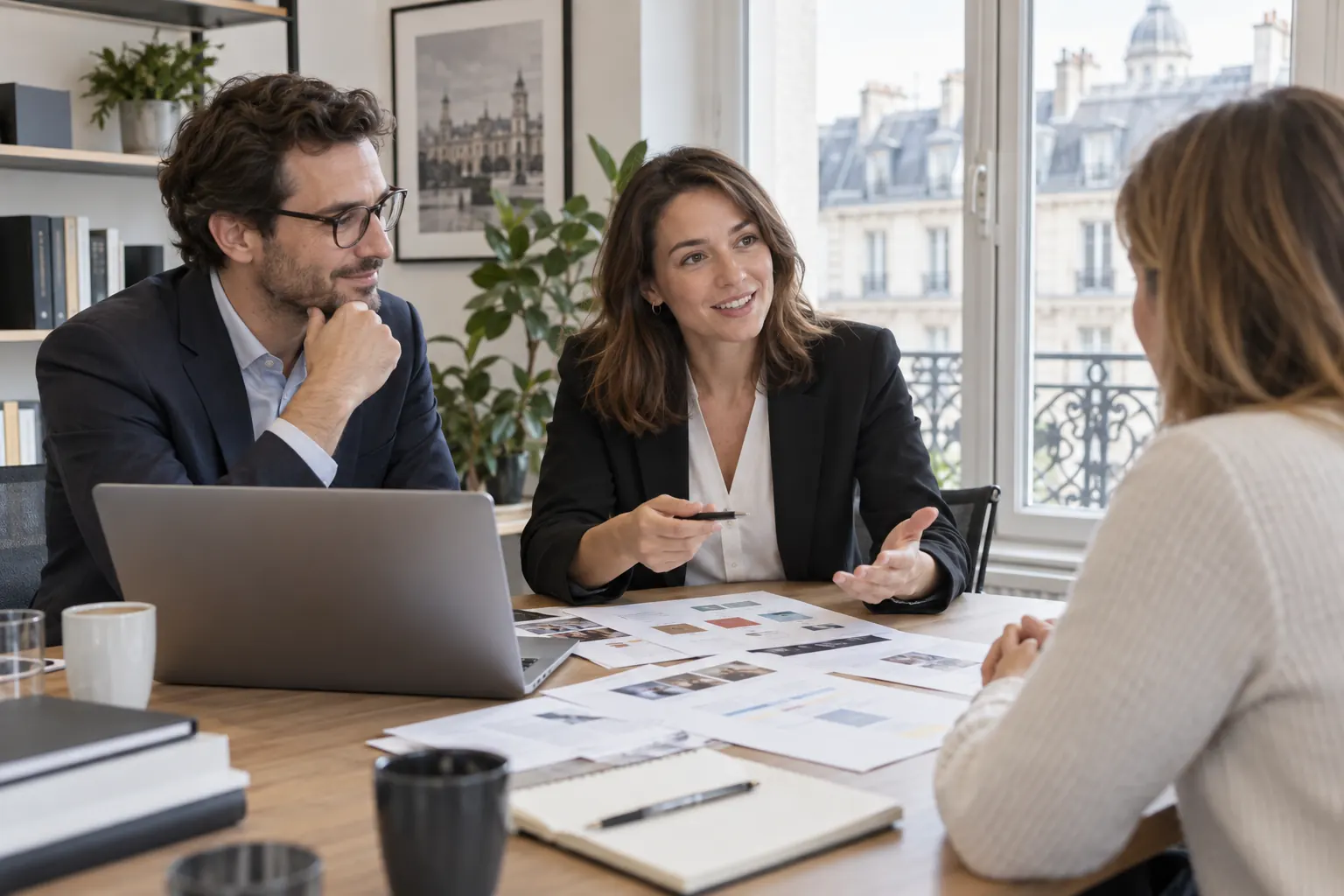 Illustration : professionnels d’un cabinet de conseil échangeant avec un client dans un bureau parisien