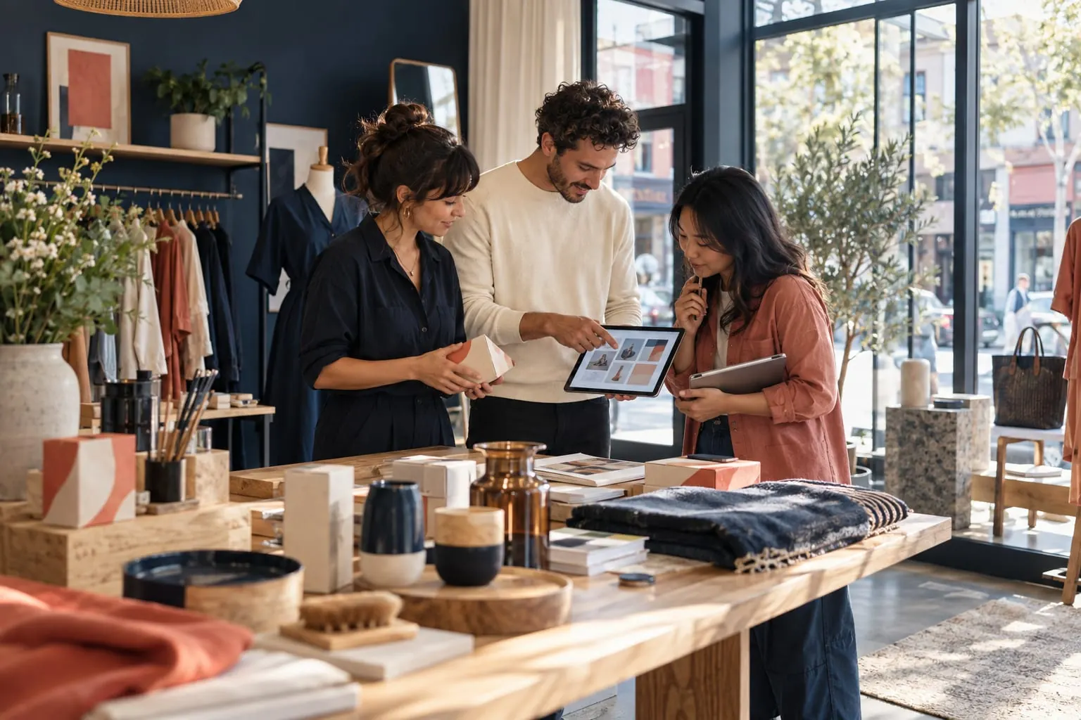 Commerçants et designer coordonnant packaging, merchandising et contenus numériques