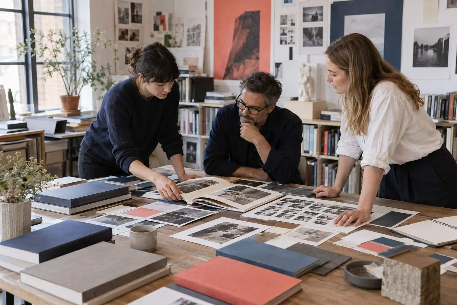 Studio éditorial travaillant sur des livres, des images et une campagne culturelle