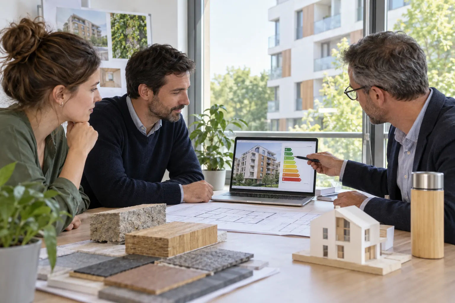 Illustration : équipe expliquant un projet d’efficacité énergétique à un client