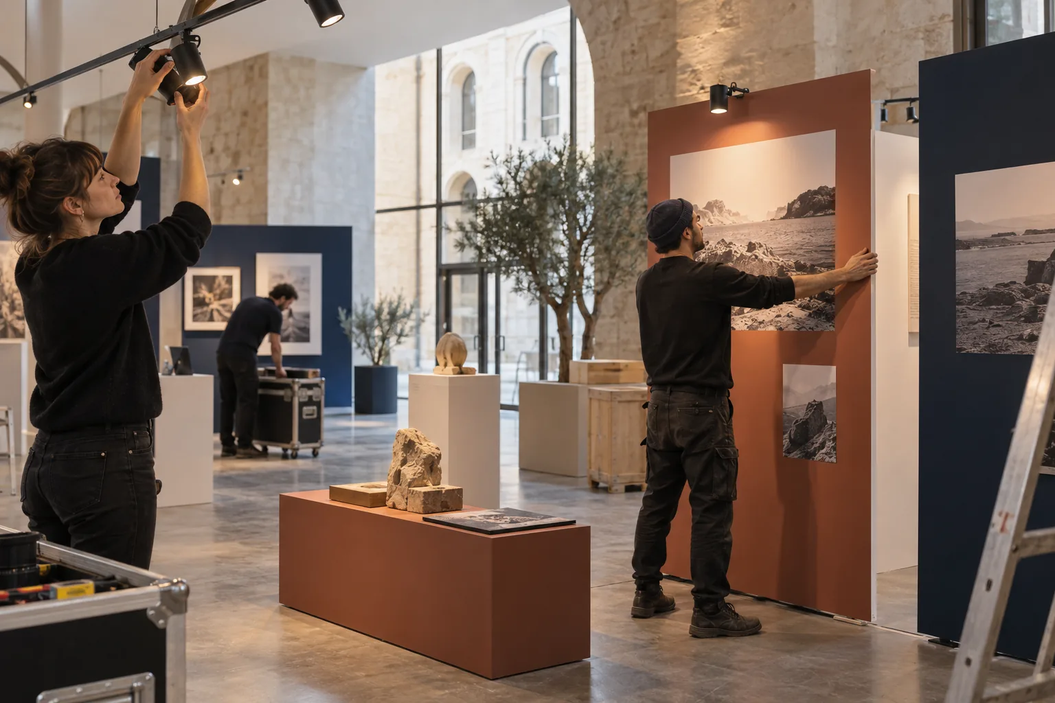 Équipe installant une exposition dans un lieu culturel avant l’ouverture
