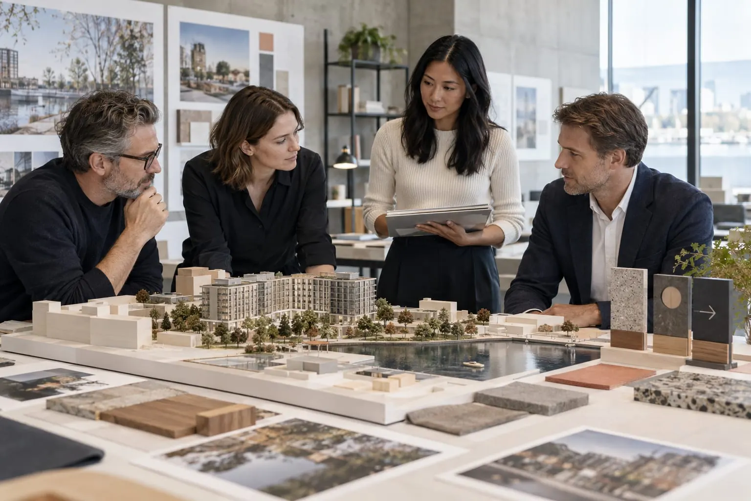 Architectes et équipe de communication travaillant autour d’une maquette immobilière