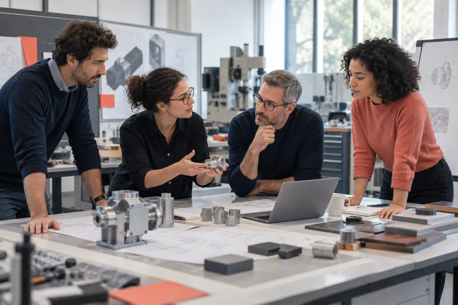 Équipe industrielle et communicants réunis autour de prototypes et de plans techniques