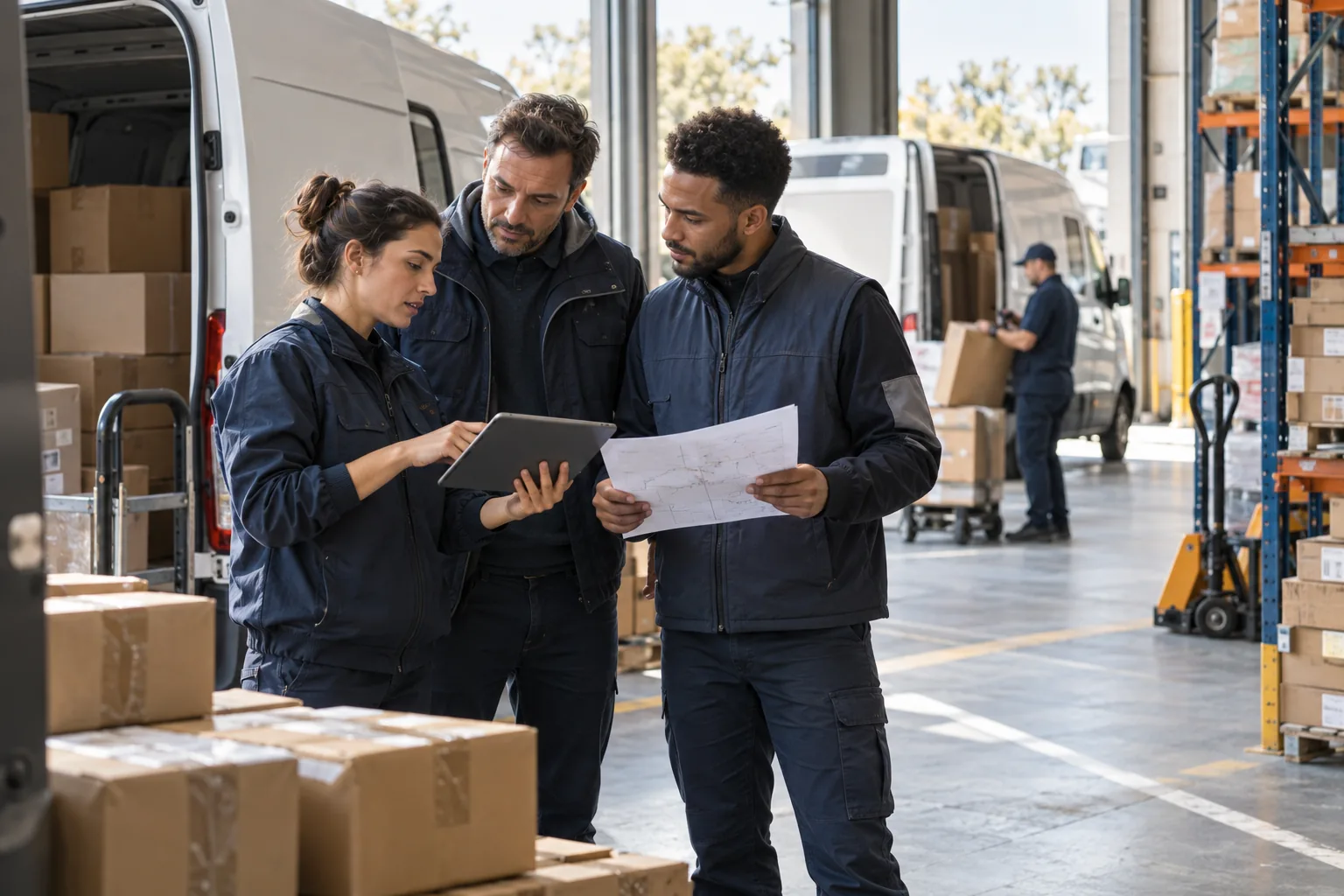 Équipe logistique échangeant sur une organisation de transport dans un entrepôt