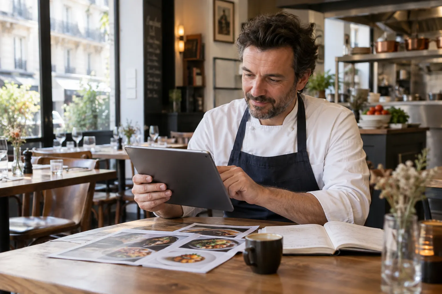 Illustration : restaurateur et chef préparant leurs supports de communication dans un établissement parisien
