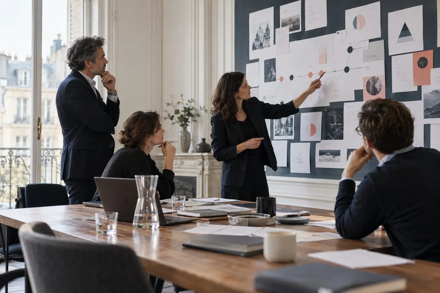 Consultants et équipe de communication structurant une offre B2B autour d’une carte de décision